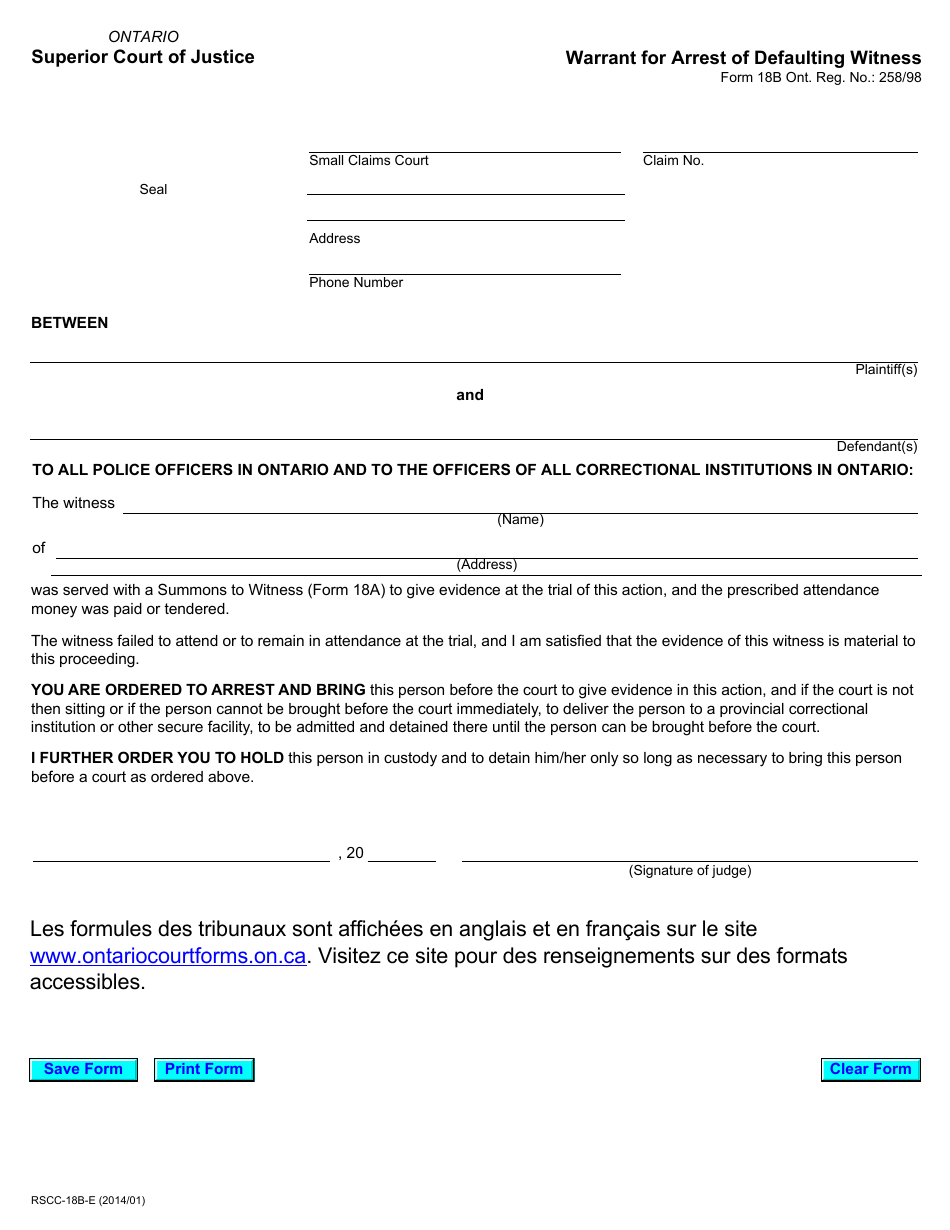 Form 18B Warrant for Arrest of Defaulting Witness - Ontario, Canada, Page 1