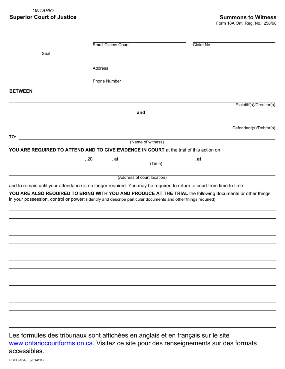 Form 18A Summons to Witness - Ontario, Canada, Page 1
