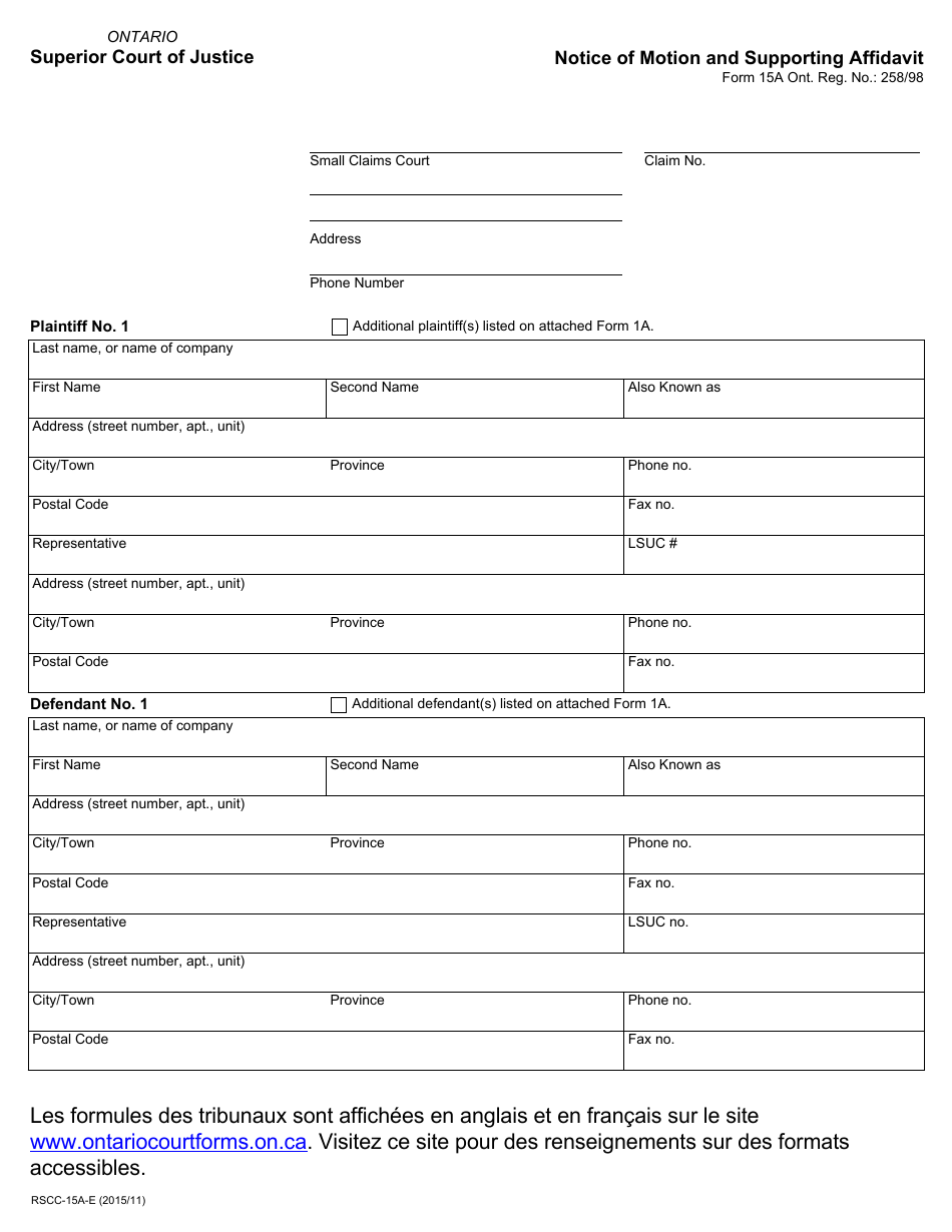 Form 15A Notice of Motion and Supporting Affidavit - Ontario, Canada, Page 2