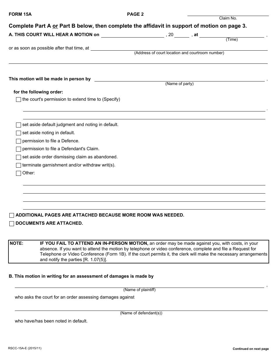 Form 15A Notice of Motion and Supporting Affidavit - Ontario, Canada, Page 3