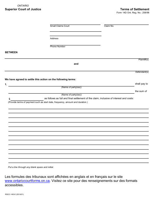 Form 14D Terms of Settlement - Ontario, Canada