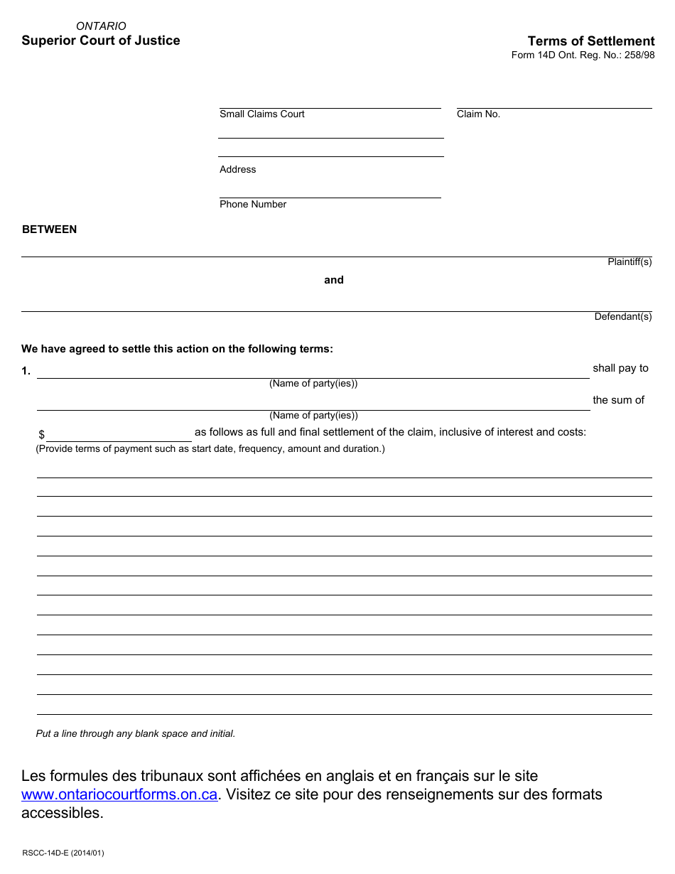 Form 14D Terms of Settlement - Ontario, Canada, Page 1