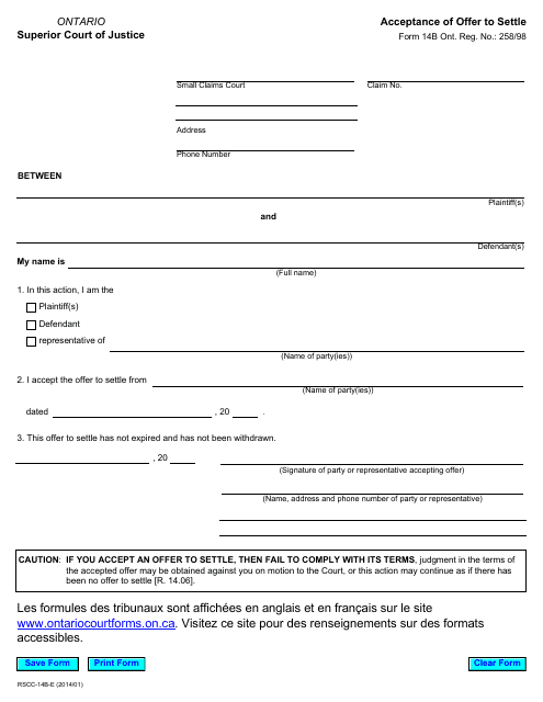 Form 14B Acceptance of Offer to Settle - Ontario, Canada