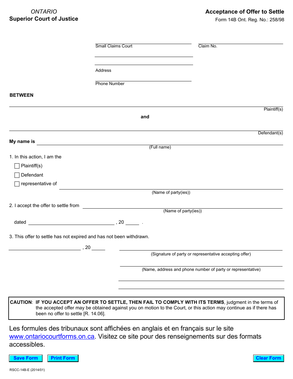 Form 14B Acceptance of Offer to Settle - Ontario, Canada, Page 1