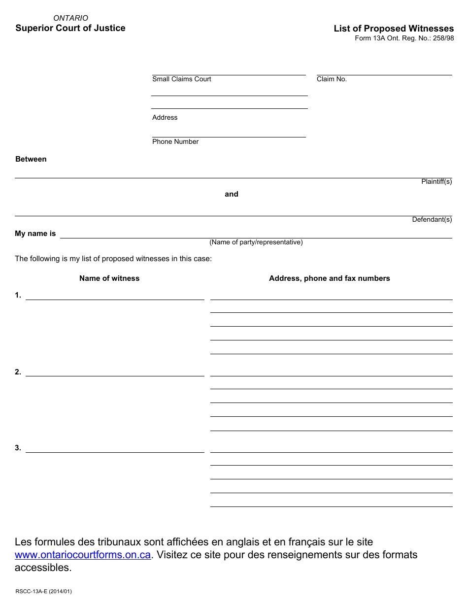 Form 13A List of Proposed Witnesses - Ontario, Canada, Page 1