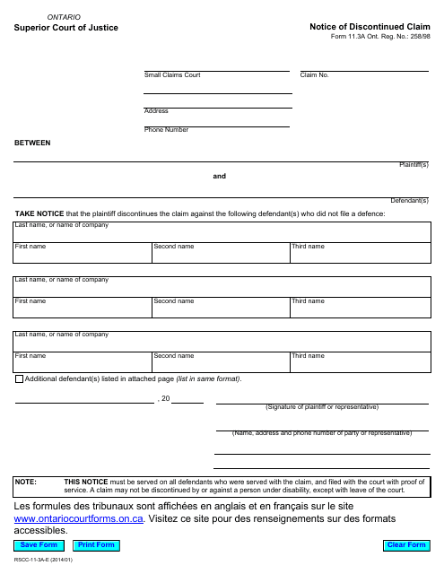 Form 11.3a Notice of Discontinued Claim - Ontario, Canada