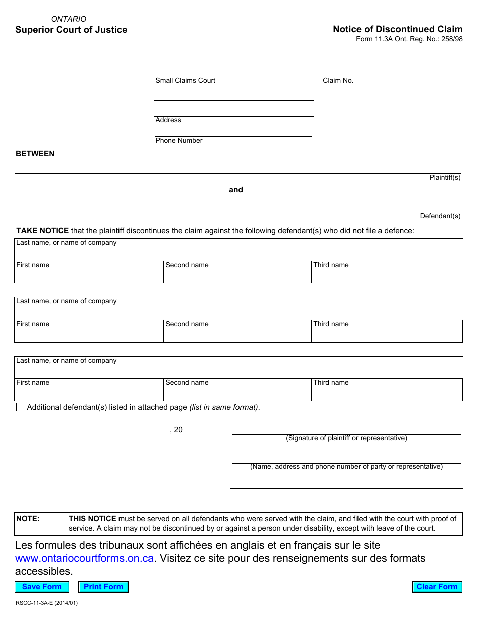 Form 11.3a Notice of Discontinued Claim - Ontario, Canada, Page 1