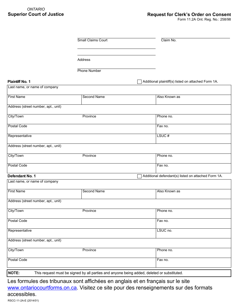 Form 11-2A Request for Clerks Order on Consent - Ontario, Canada, Page 1