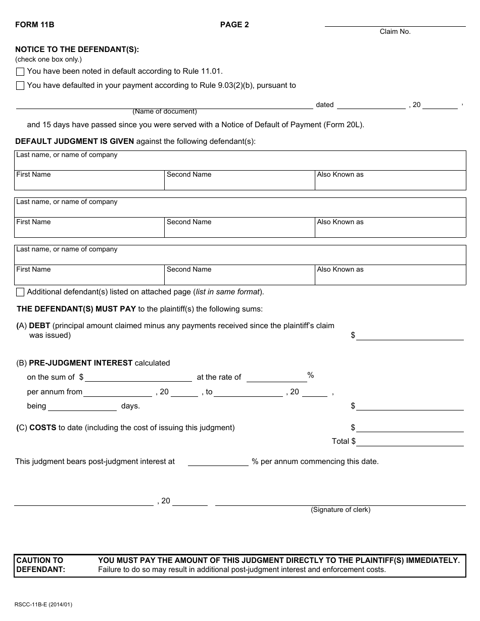 Form 11B Default Judgement - Ontario, Canada, Page 2