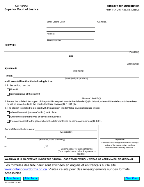 Form 11A Affidavit for Jurisdiction - Ontario, Canada