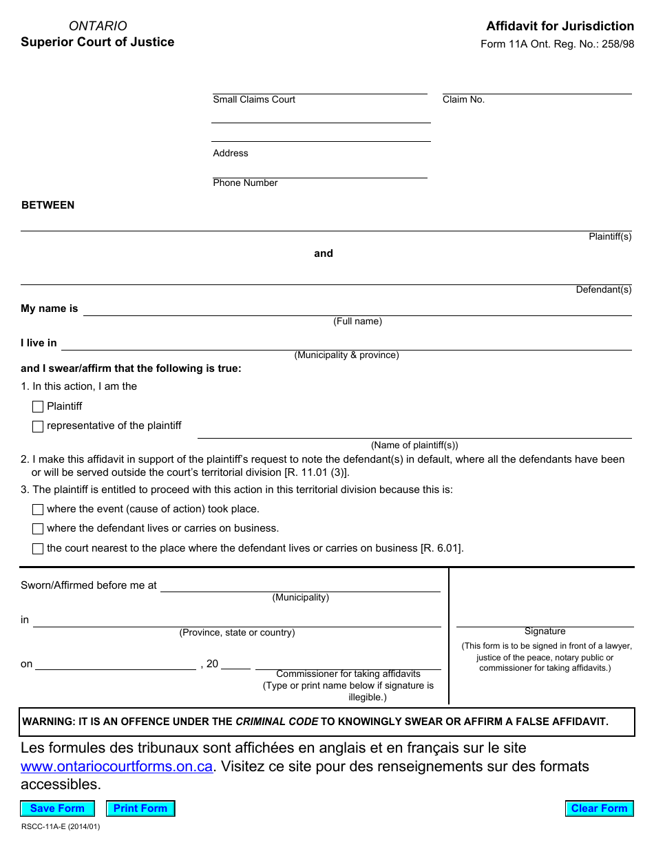 Form 11A Affidavit for Jurisdiction - Ontario, Canada, Page 1