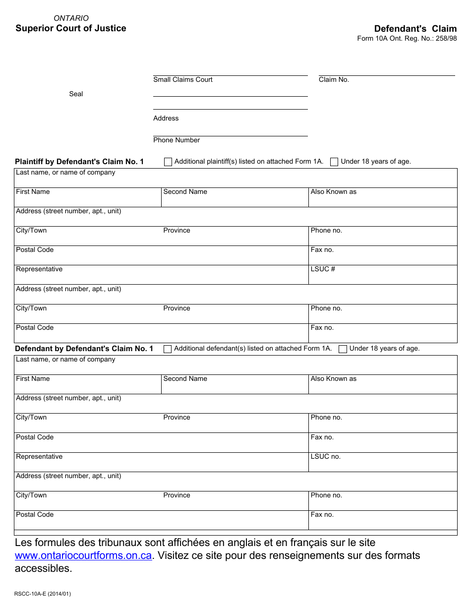 Form 10A Defendants Claim - Ontario, Canada, Page 2