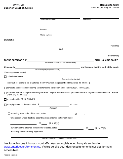 Form RSCC-9b Request to Clerk - Ontario, Canada