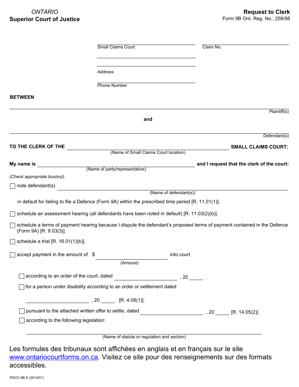 Form RSCC-9b Request to Clerk - Ontario, Canada, Page 1