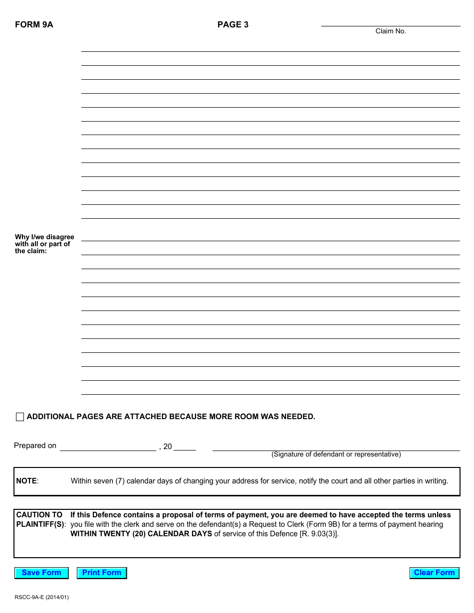 Form 9A Defence to Plaintiffs Claim / Defendants Claim - Ontario, Canada, Page 4