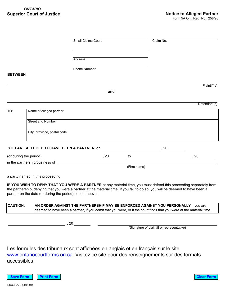 Form 5A Notice to Alleged Partner - Ontario, Canada, Page 1
