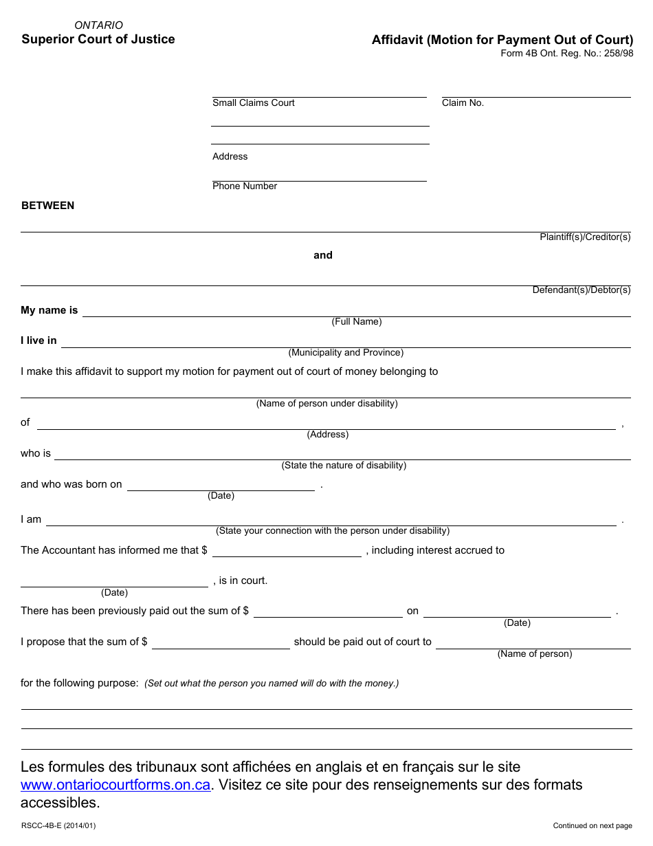 Form 4B Affidavit (Motion for Payment out of Court) - Ontario, Canada, Page 1
