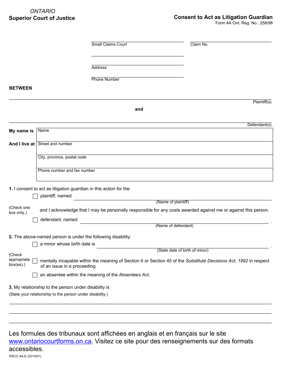 Form 4A Consent to Act as Litigation Guardian - Ontario, Canada, Page 1