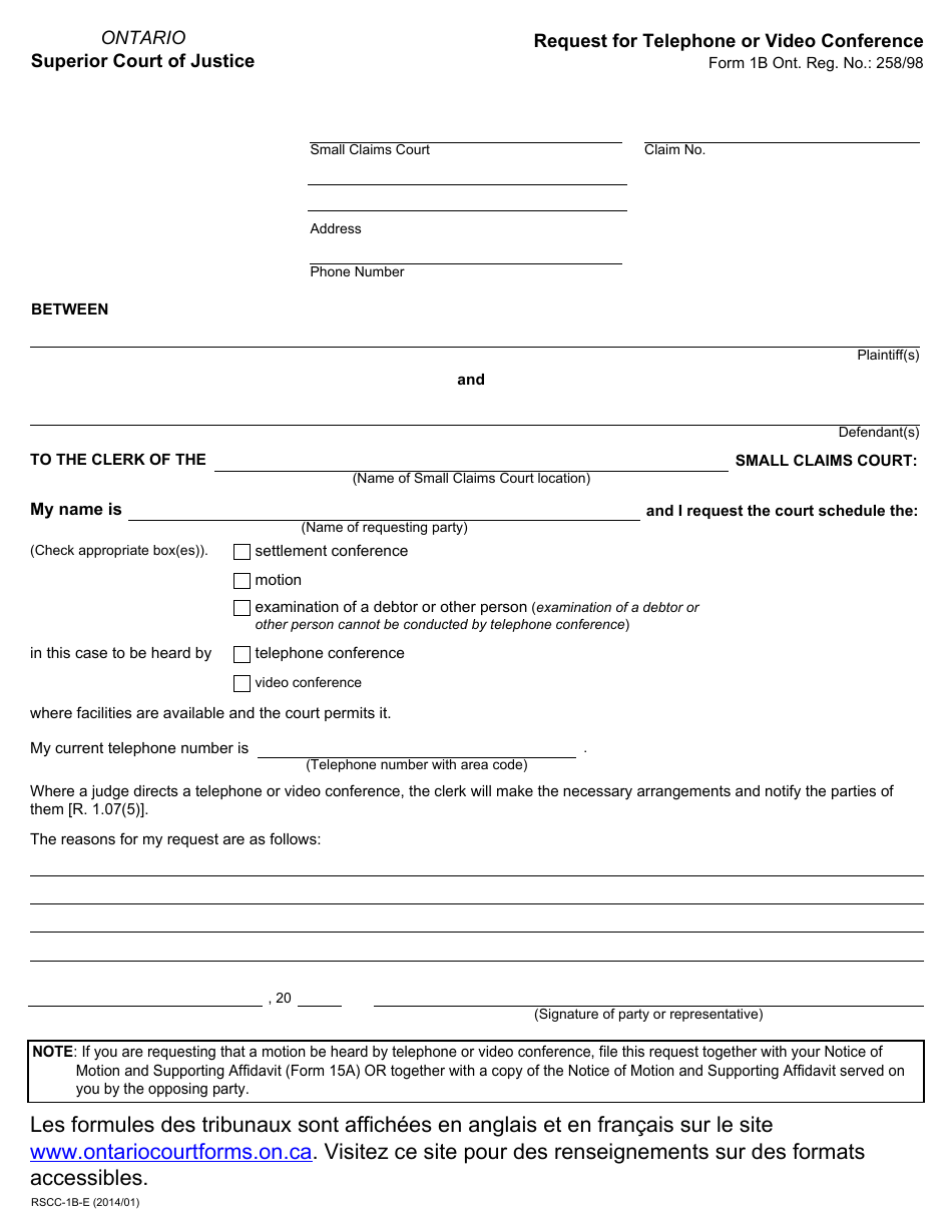 Form 1b Request for Telephone or Video Conference - Ontario, Canada, Page 1