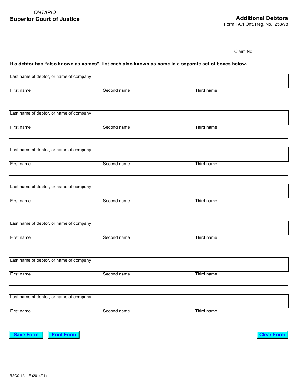 Form 1A.1 Additional Debtors - Ontario, Canada, Page 1