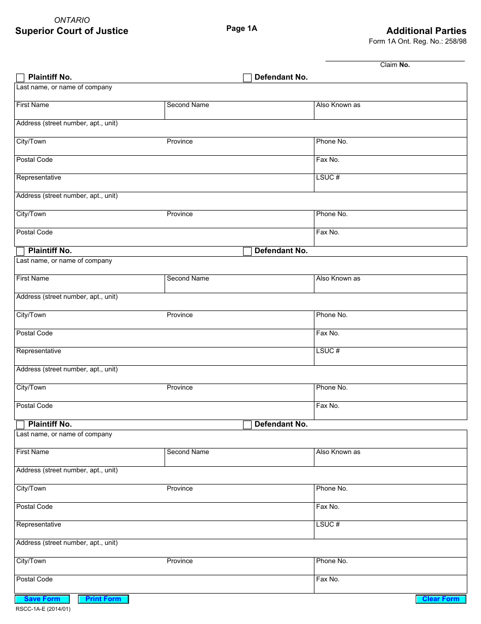 Form 1A Additional Parties - Ontario, Canada, Page 1