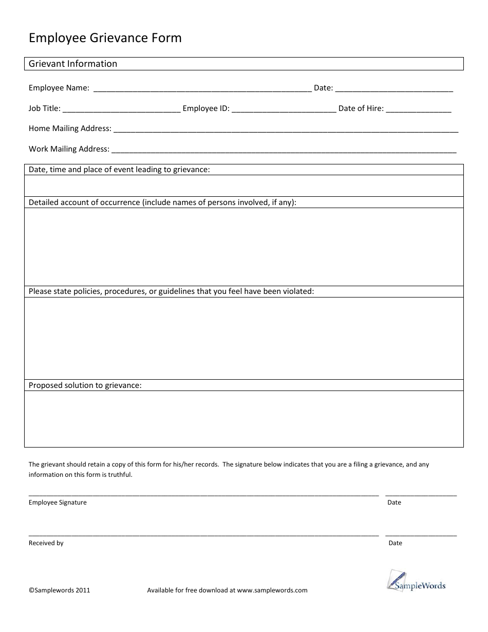 Employee Grievance Form - Samplewords, Page 1