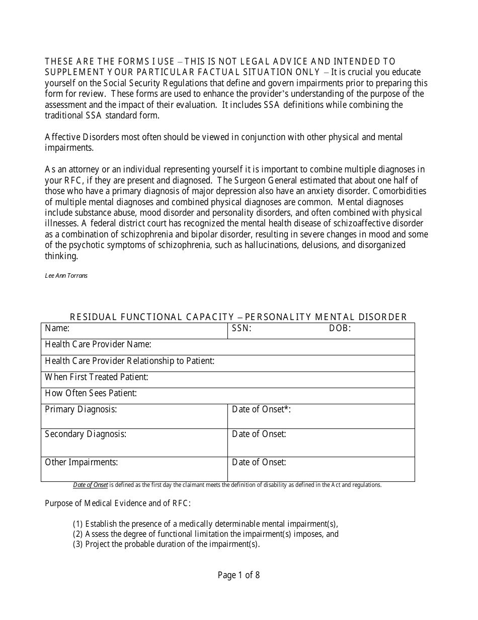 Residual Functional Capacity Form - Personality Mental Disorder, Page 1