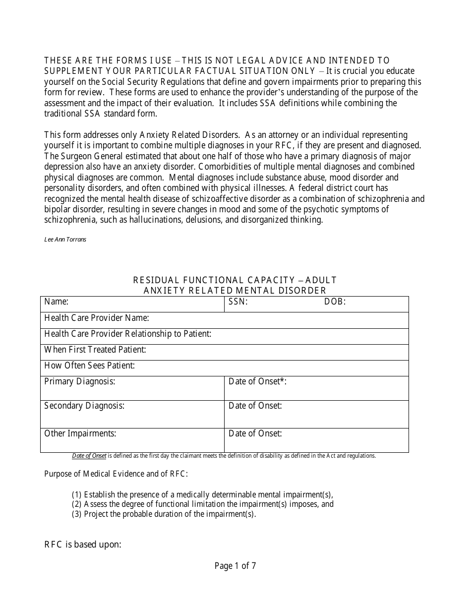 Residual Functional Capacity Form - Adult Anxiety Related Mental Disorder, Page 1