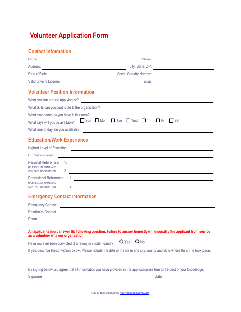 &quot;Volunteer Application Form&quot; Download Pdf