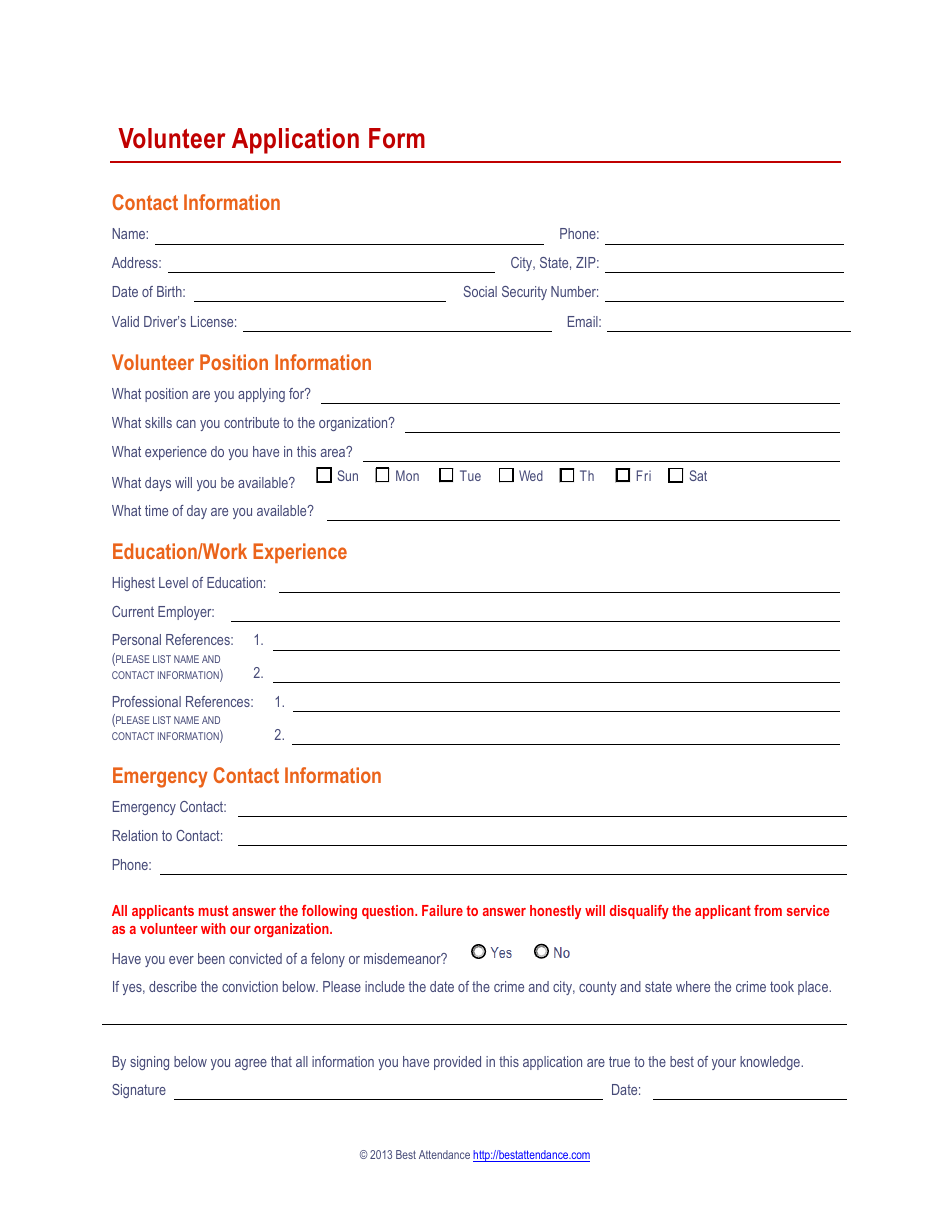 Fillable Volunteer Application Form Template Printable Pdf Download