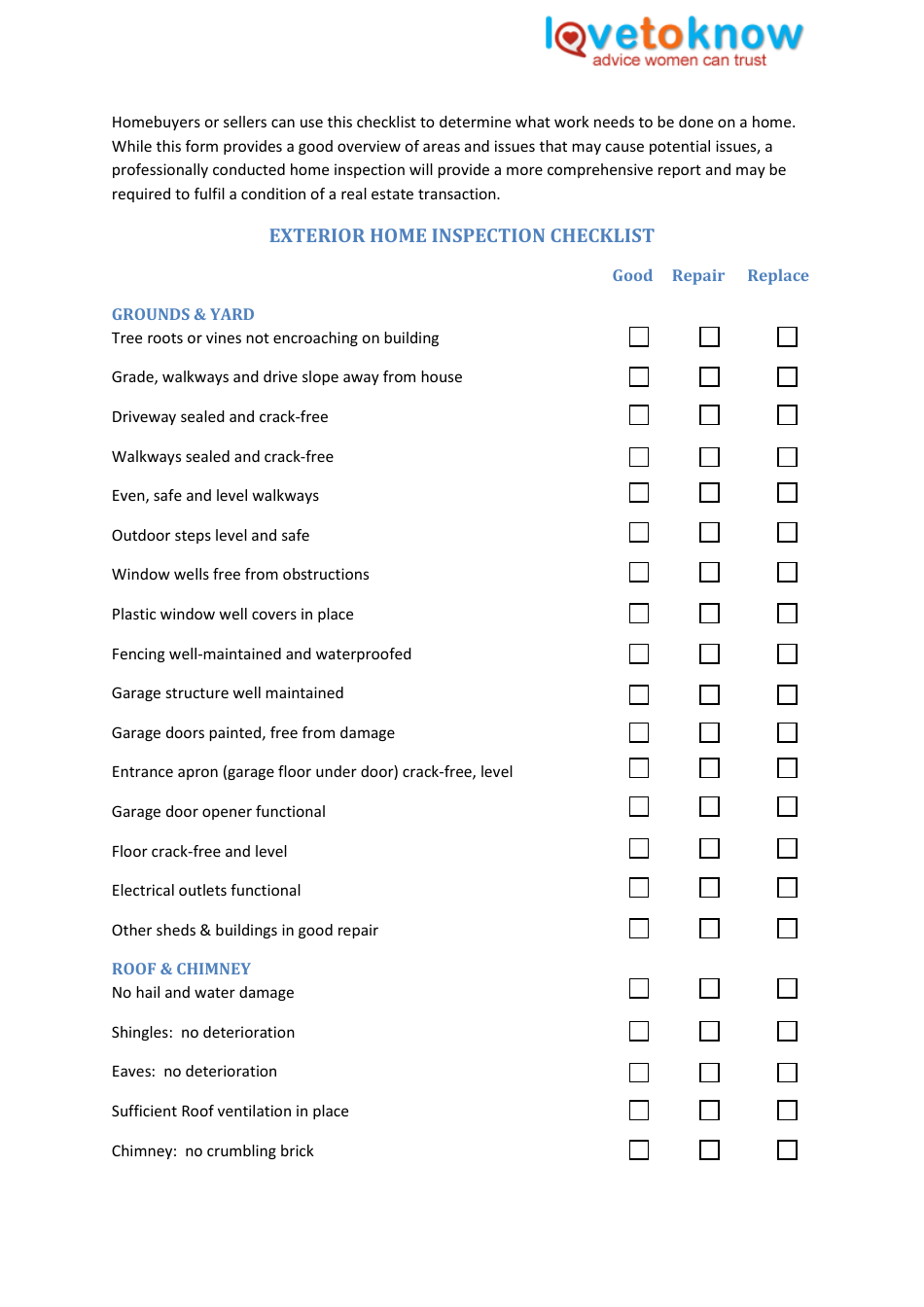 Exterior Home Inspection Checklist Template - Preview Image