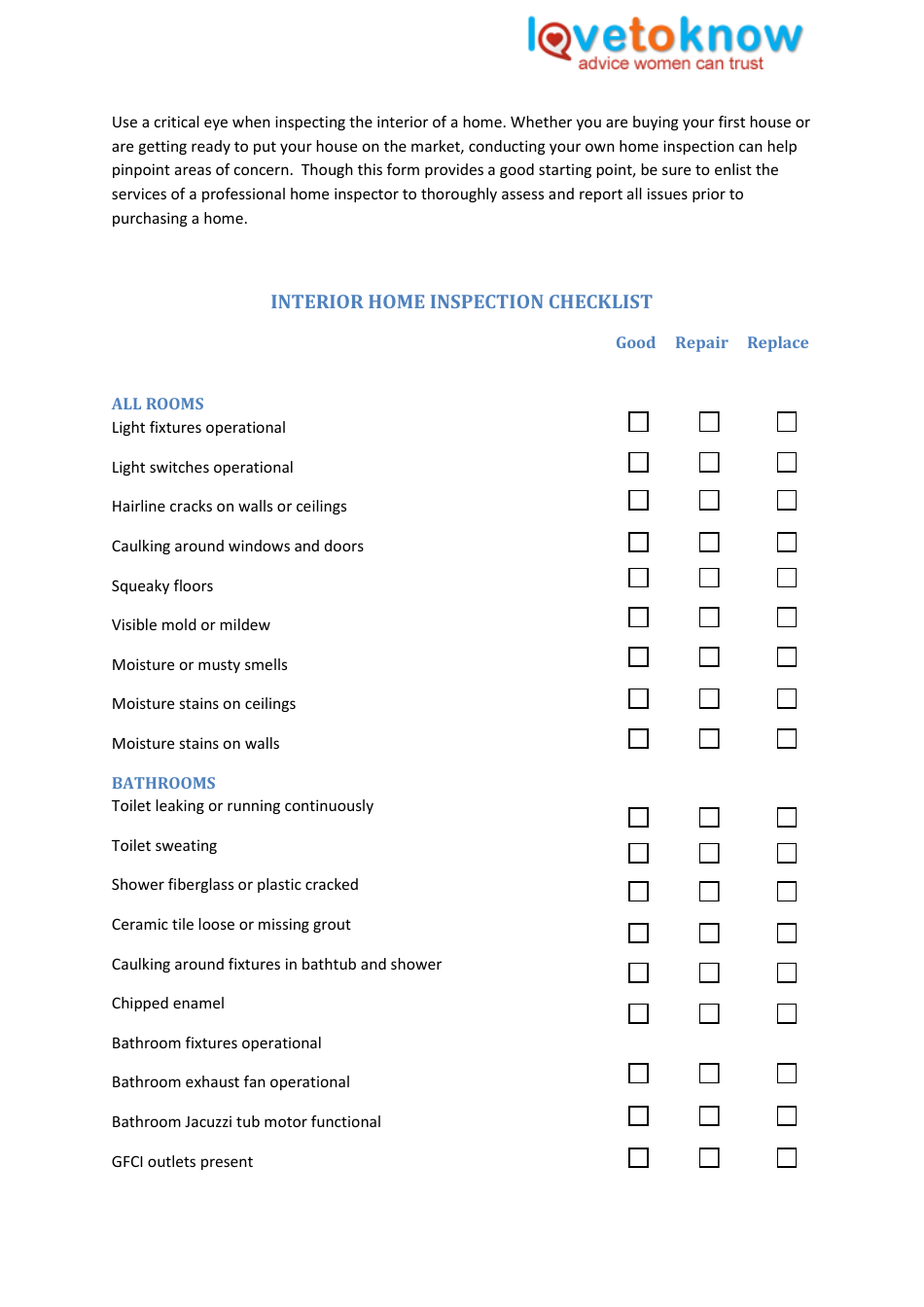 Interior Home Inspection Checklist Template Preview