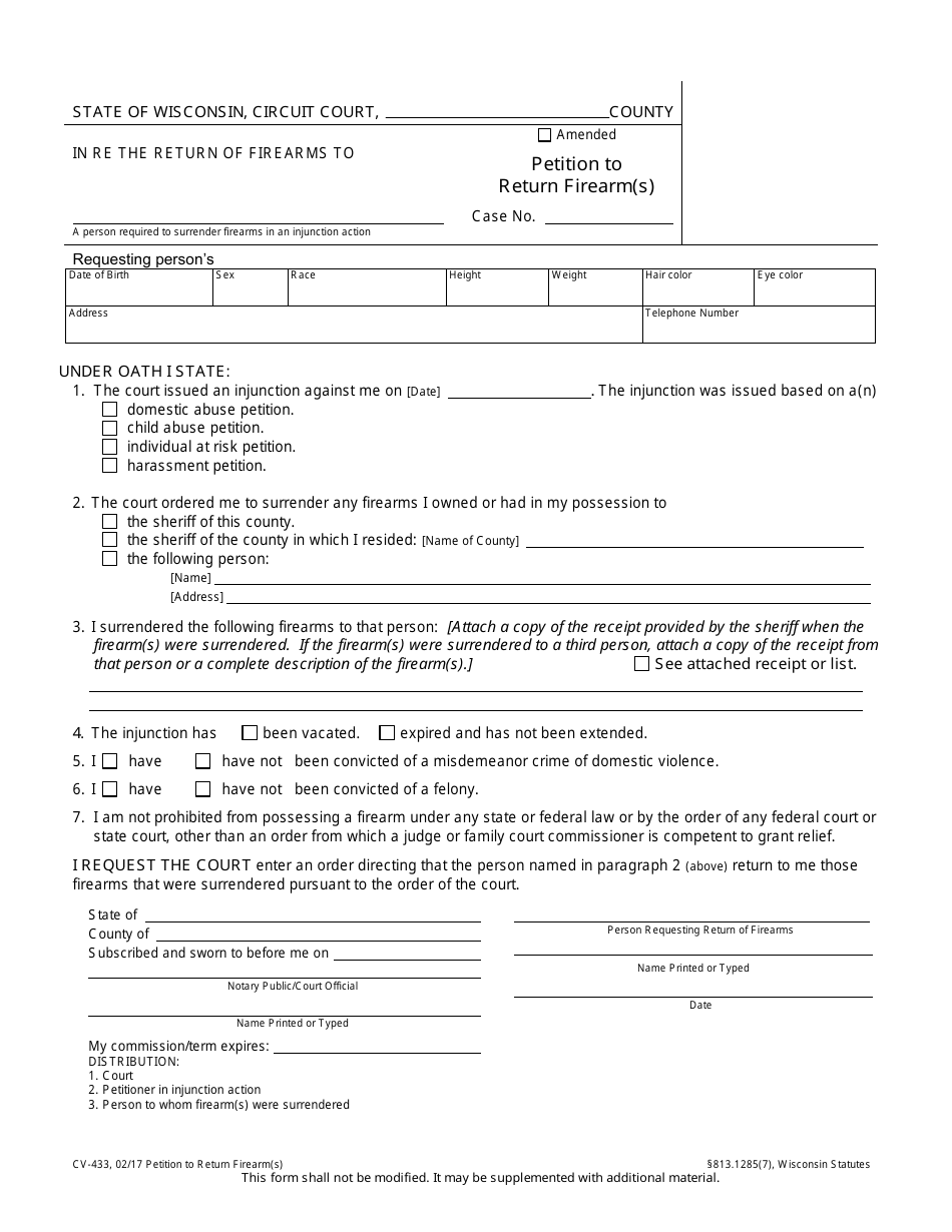 Form CV-433 Petition to Return Firearm(S) - Wisconsin, Page 1