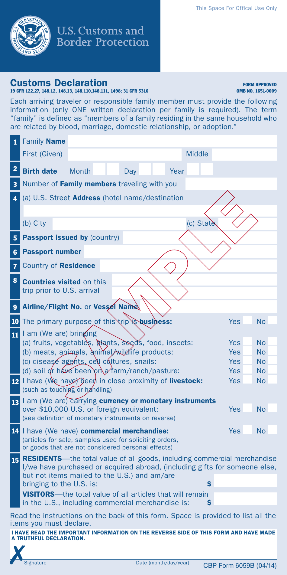 CBP Form 6059B Customs Declaration Form - Sample, Page 1
