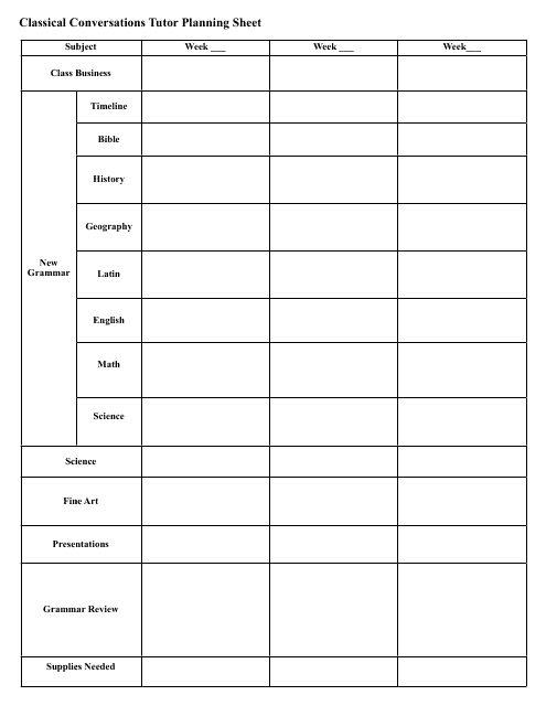 Classical Conversations Tutor Planning Sheet Template - Document Preview