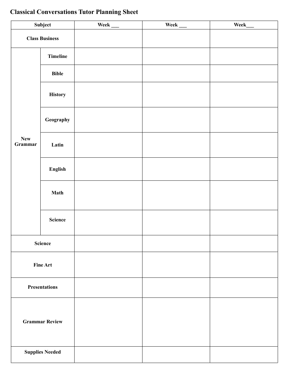 Classical Conversations Tutor Planning Sheet Template - Document Preview