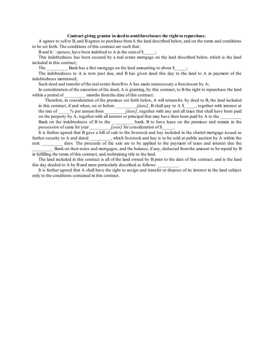 Contract Giving Grantor in Deed to Avoid Foreclosure the Right to Repurchase Template, Page 1