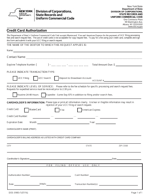 Form DOS-0985-F Credit Card Authorization - New York