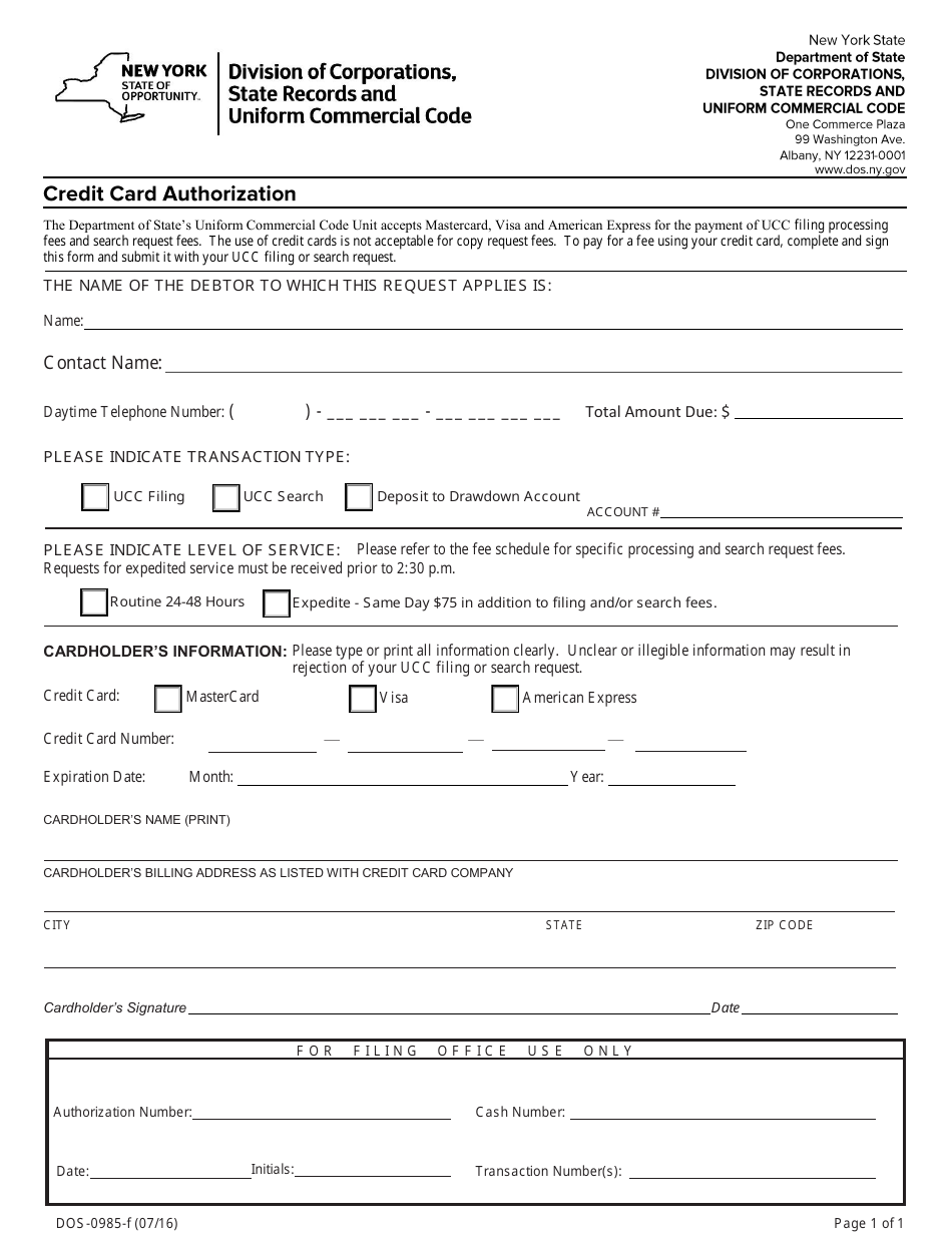 Form DOS-0985-F Credit Card Authorization - New York, Page 1