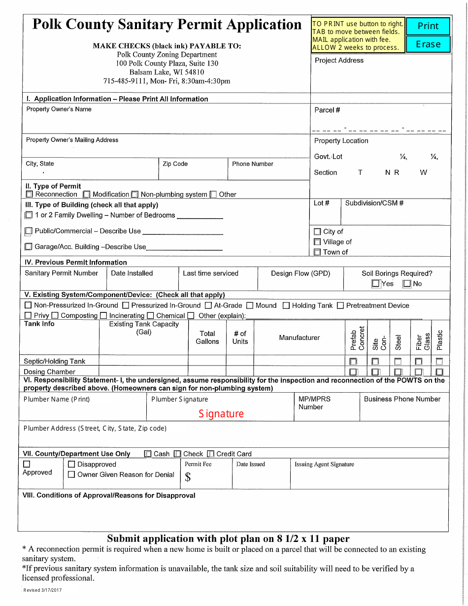 Polk County Sanitary Permit Application - Polk County, Wisconsin, Page 1