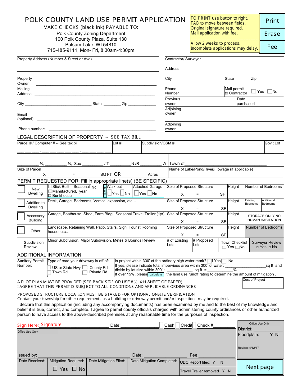 Polk County Land Use Permit Application - Polk County, Wisconsin, Page 1