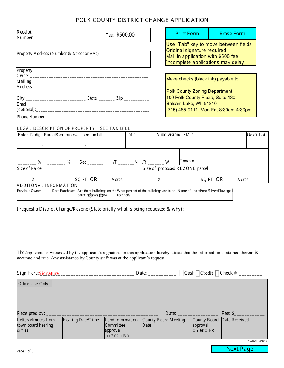 Polk County District Change Application - Polk County, Wisconsin, Page 1