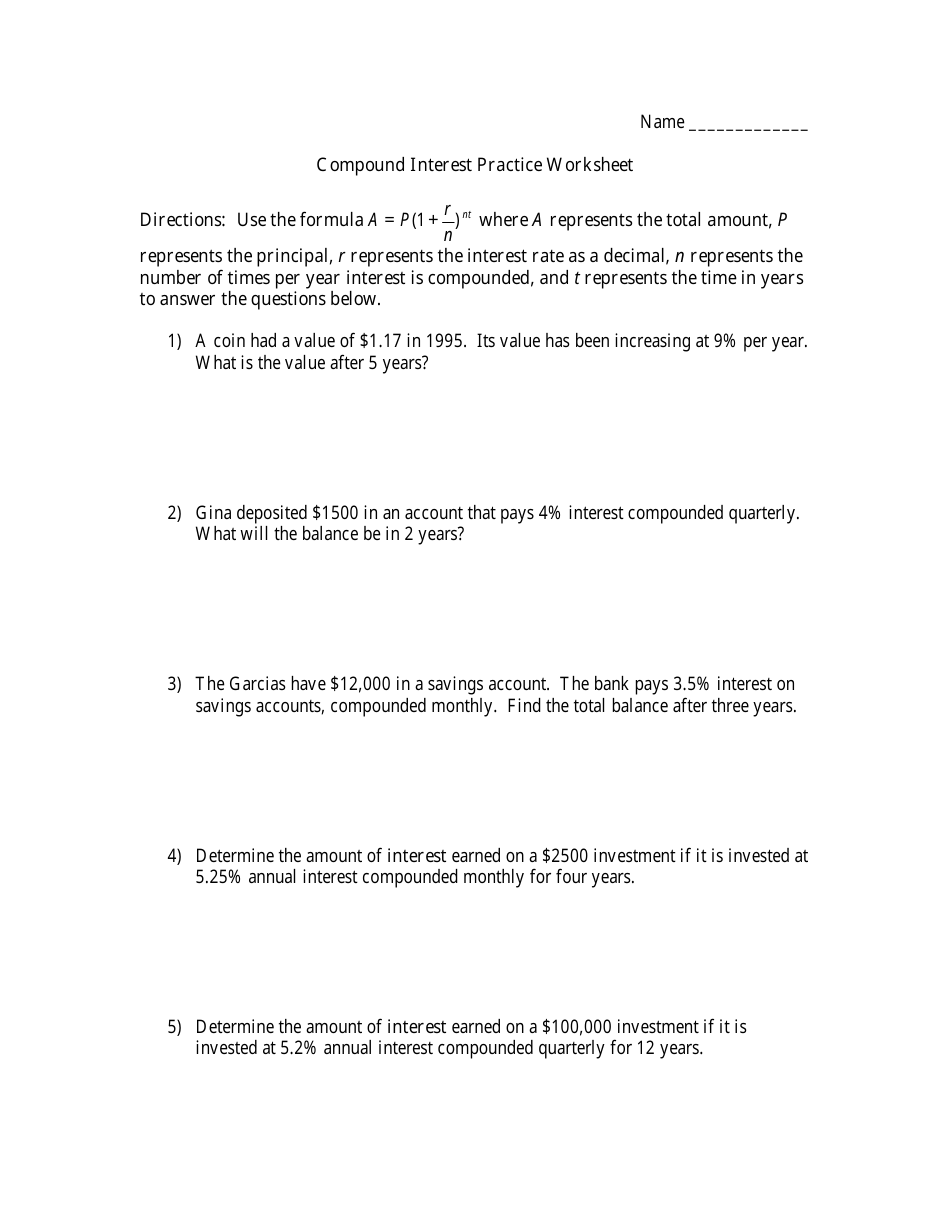 Compound Interest Practice Worksheet - Preview