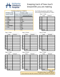 Document preview: Breastmilk Tracking Chart Template - Mcmaster Children's Hospital