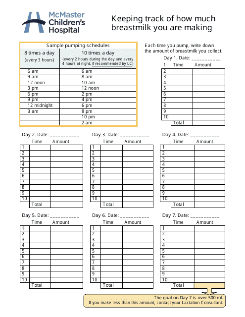 Breastmilk Tracking Chart Template - Mcmaster Children's Hospital