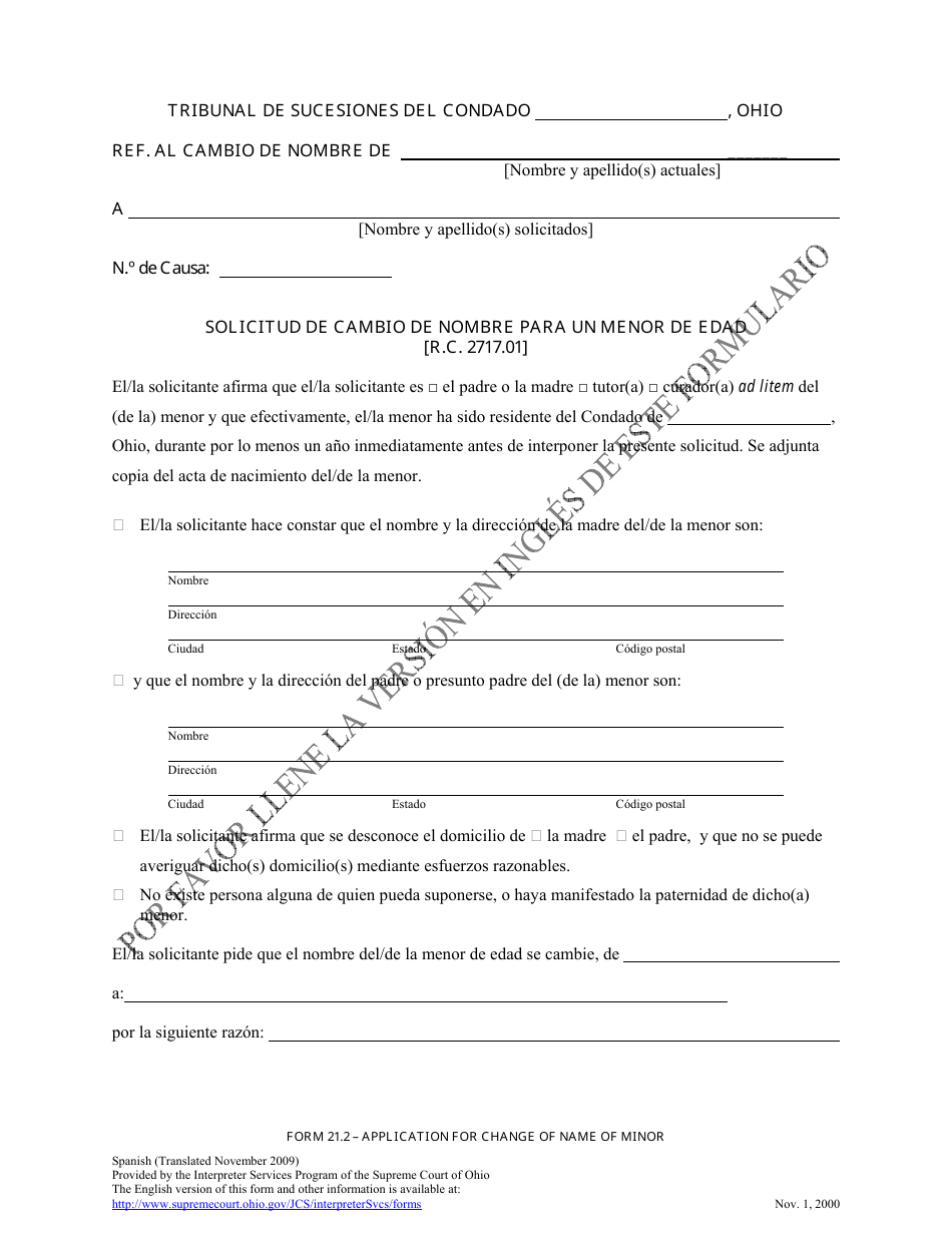 Formulario 21.2 Solicitud De Cambio De Nombre Para Un Menor De Edad - Ohio (Spanish), Page 1