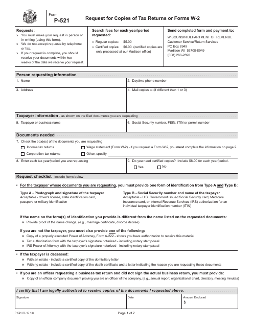 Form P-521 Request for Copies of Tax Returns or Forms W-2 - Wisconsin