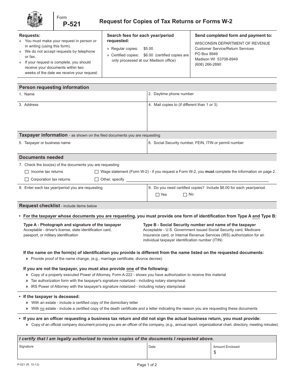 Form P-521 Request for Copies of Tax Returns or Forms W-2 - Wisconsin, Page 1