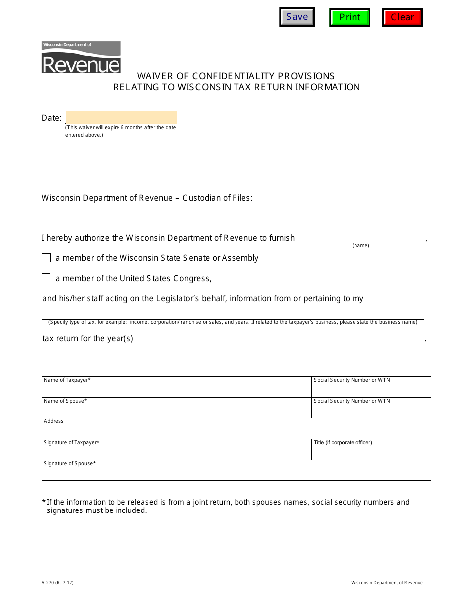 Form A-270 Waiver of Confidentiality Provisions Relating to Wisconsin Tax Return Information - Wisconsin, Page 1