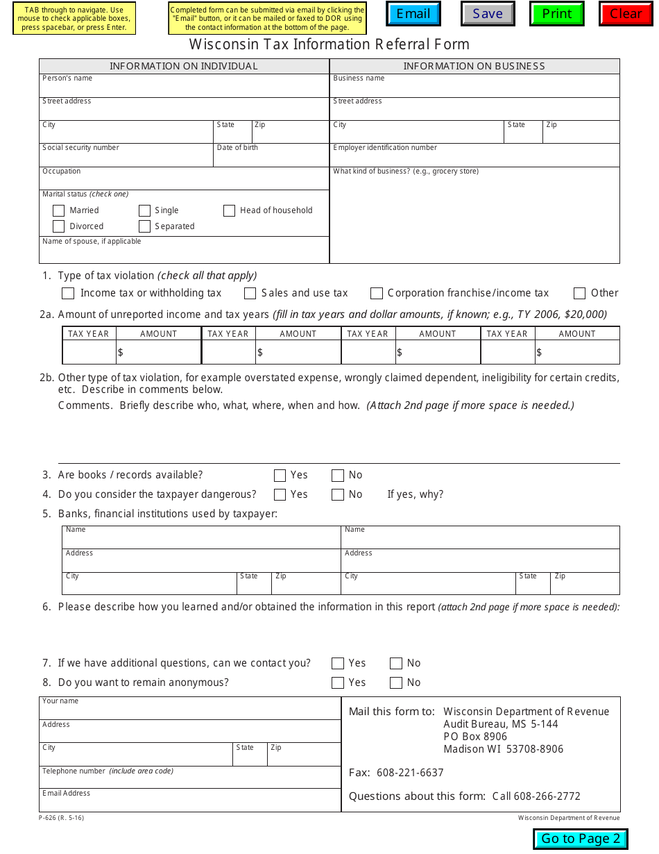 Form P-626 Wisconsin Tax Information Referral Form - Wisconsin, Page 1